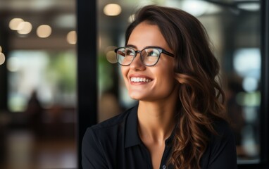 Poster - A woman with long brown hair and glasses is smiling. She is wearing a black shirt and she is in a restaurant