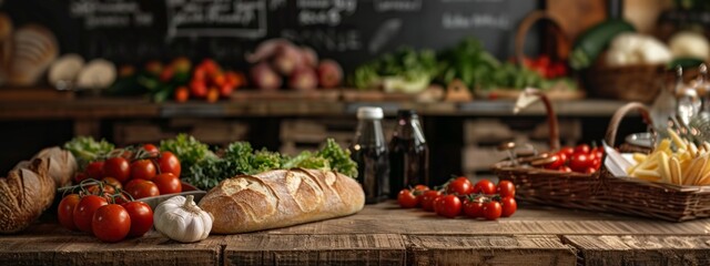 Farm-fresh produce including bread, vegetables, and garlic on a rustic table