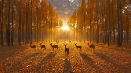 Poster -   Deer stand atop fall-covered forest, bathed in golden sun