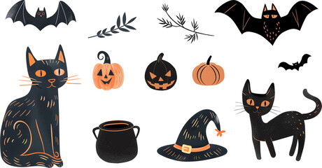 A large set of drawn elements for Halloween in the style of children's illustration. Elements for creating holiday decorations, cards, packaging, menus and invitations, children's parties.