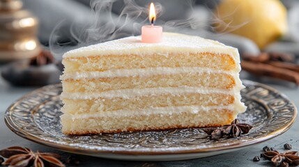 Sticker -   A close-up of a cake slice on a plate with a lit candle in the center of the cake