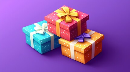 Poster -   Three gift boxes, colorful, bows, ribbons, purple background, yellow bow