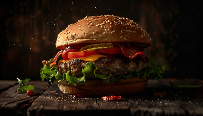 Wall Mural - tasty burger on dark background