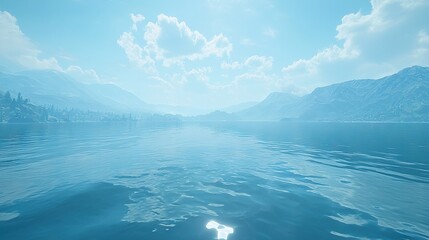 Poster -   A stunning image featuring a serene lake surrounded by majestic mountain peaks and dotted with fluffy white clouds above