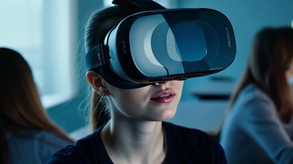 Wall Mural - smart school girl pupil with vr glasses googles studying at school. simulation technology and scienc