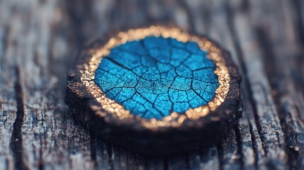 a photo of a blue-gold item on wooden background with wood grain texture