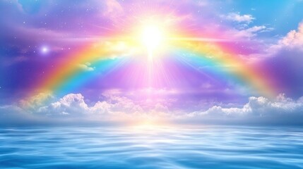 Wall Mural -  Rainbow over water with clouds and star in sky