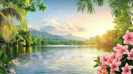 Poster -   A stunning portrait of a lush tropical setting featuring vibrant pink blossoms and swaying palm fronds in the foreground, contrasted with a serene lake reflecting the verdant