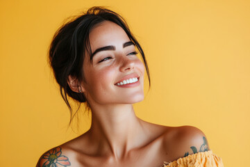 A close up of a woman's face with tattoos and her eyes closed