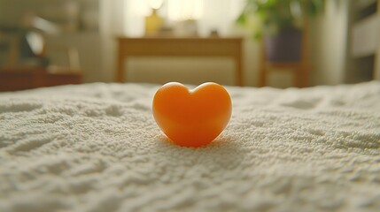 Poster -   An egg-shaped heart rests on a bed amidst a room with a table in the background