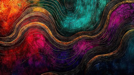 Wall Mural -  A vibrant artwork featuring undulating lines against a backdrop of blue, green, red, yellow, and orange hues