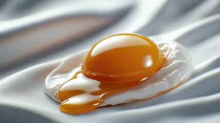 Poster -   An egg atop an eggshell on fabric with blue and white background and oil dripping from top