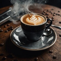 Close-up of freshly ground coffee beans and a hot espresso shot with steam rising in the background