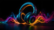 © Imdad - A sleek pair of modern headphones emitting vibrant, colorful sound waves, hd