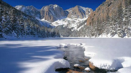 Wall Mural -   A snow-covered mountain range stands tall next to a rocky waterbody in the foreground, while snowy peaks dominate the background