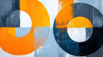 Poster -   An abstract art piece featuring orange, blue, black circles against a gray backdrop, surrounded by a white central circle