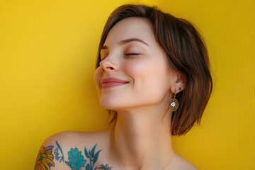 A close up of a woman's face with tattoos and her eyes closed