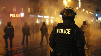 Wall Mural - Police officers monitoring protests in a smoky urban night scene.