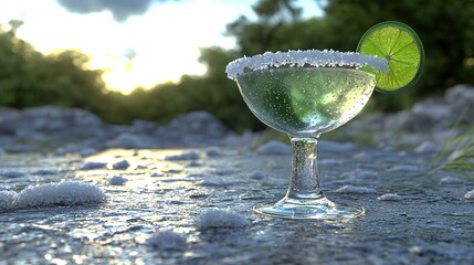 Poster -   Margarita atop table with green lime wedge on glass rim