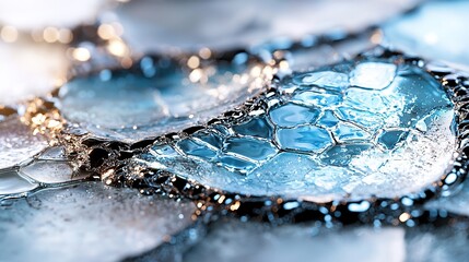 Canvas Print -   A close-up of water droplets on a silver surface with drops of water at the base of each droplet