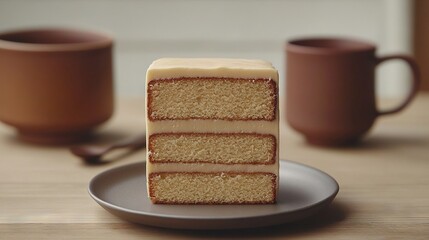 Poster -   A piece of cake sits atop a wooden table, accompanied by two cups of coffee