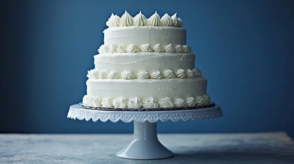 Poster -   A blue background with a white cake stand holding a three-tiered white cake covered in frosting