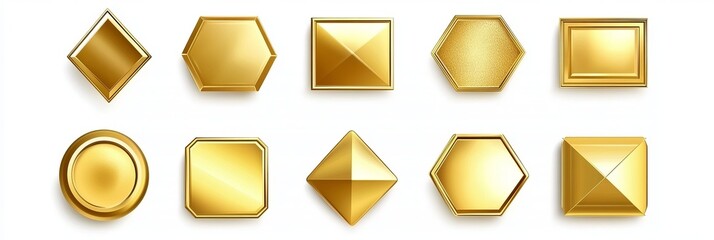 A vector illustration set featuring gold buttons featuring various geometric shapes with frames and a shining light effect. golden oval, square circle, triangle, star, hexagon, and pentagon rectangle