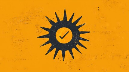 Sticker -   A yellow background, a black sun, and a tick symbol in the center; the symbol is also black