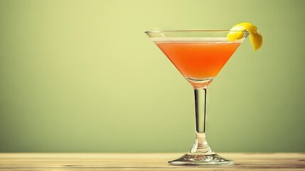 Wall Mural -   A zoomed-in image of a beverage in a wine goblet, featuring a lemon slice resting atop the edge of the glass