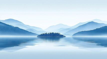 Poster -   A large body of water with an island in the center and mountains as the background