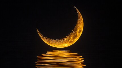 Sticker -   A clear shot of a golden crescent moon mirrored in a dark watery expanse