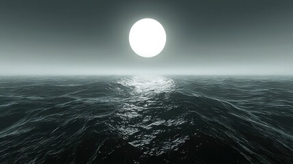 Sticker -   A luminous orb drifts above a monochromatic watery expanse in a grayscale photograph