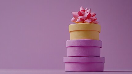 Sticker -  A stack of purple and yellow ribbons with a pink bow on a pile of pink and yellow ribbons