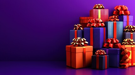 Sticker -   A pile of colorful wrapped presents sits on top of a purple surface, against a purple background