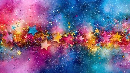 Wall Mural -   A multicolored background with various-sized stars of multiple hues on a blue, pink, yellow, and purple backdrop