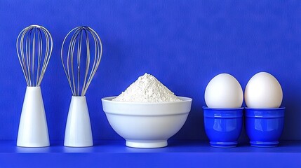 Poster -   Bowl, flour, whisks, eggs, blue shelf, whisk set