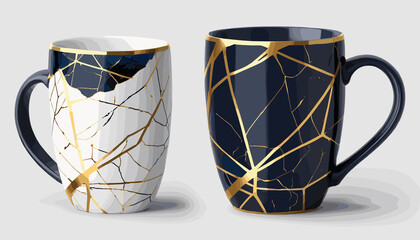 Two Kintsugi style coffee mugs on a white background 