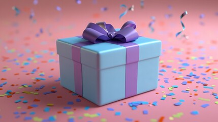 Poster -   A blue gift box adorned with a purple bow sits atop a pink surface amidst a festive scene of confetti and streamers