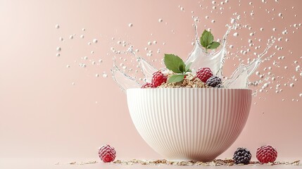 Poster -   A bowl of cereal with berries and a splash of milk on a pink background, featuring raspberries in the foreground