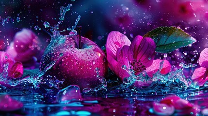 Wall Mural -   A cluster of vibrant pink blossoms resting atop an azure and magenta liquid pool, with ripples of water cascading upon them