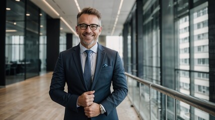 portrait of successful senior businessman looking at camera and smiling inside modern office building