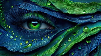 Canvas Print -   A close-up of a person's eye with green leaves and droplets of water on the iris