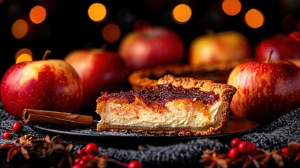   A black plate holds a slice of pie, while two red apples and cinnamon sit nearby on the table