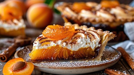 Wall Mural -   A picture of a pie close-up on a plate surrounded by other pies and cinnamon sticks in the backdrop