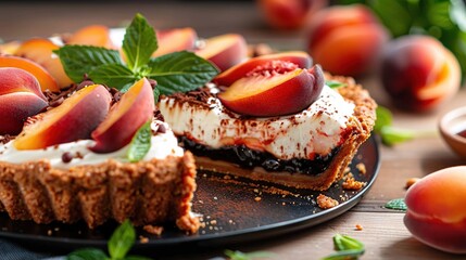 Wall Mural -   A close-up of a plate with peaches and mint leaves on the side