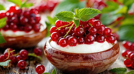 Wall Mural -   A macro image of a bowl filled with cranberries on a green leaf background