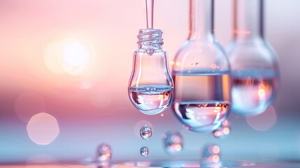 Wall Mural -   A group of beakers filled with liquid sit on a table alongside another beaker holding liquid