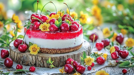 Sticker -   Cherry-topped cake rests atop wooden platter surrounded by blooms