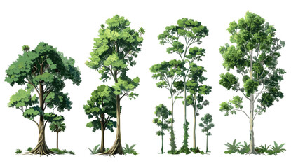 vector illustration tall trees jungle collections, Forested trees set vector illustration, detailed isolated natural elements, leaf shapes, 3d rendering transparent background png