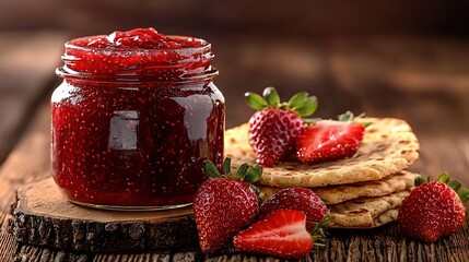 Poster -   A wooden table holds a jar of strawberry jam, crackers, and strawberries